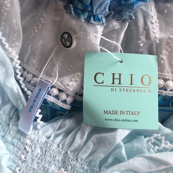 CHIO Silk Ruffle Macrame Mini Dress Blue White - Picture 8 of 9